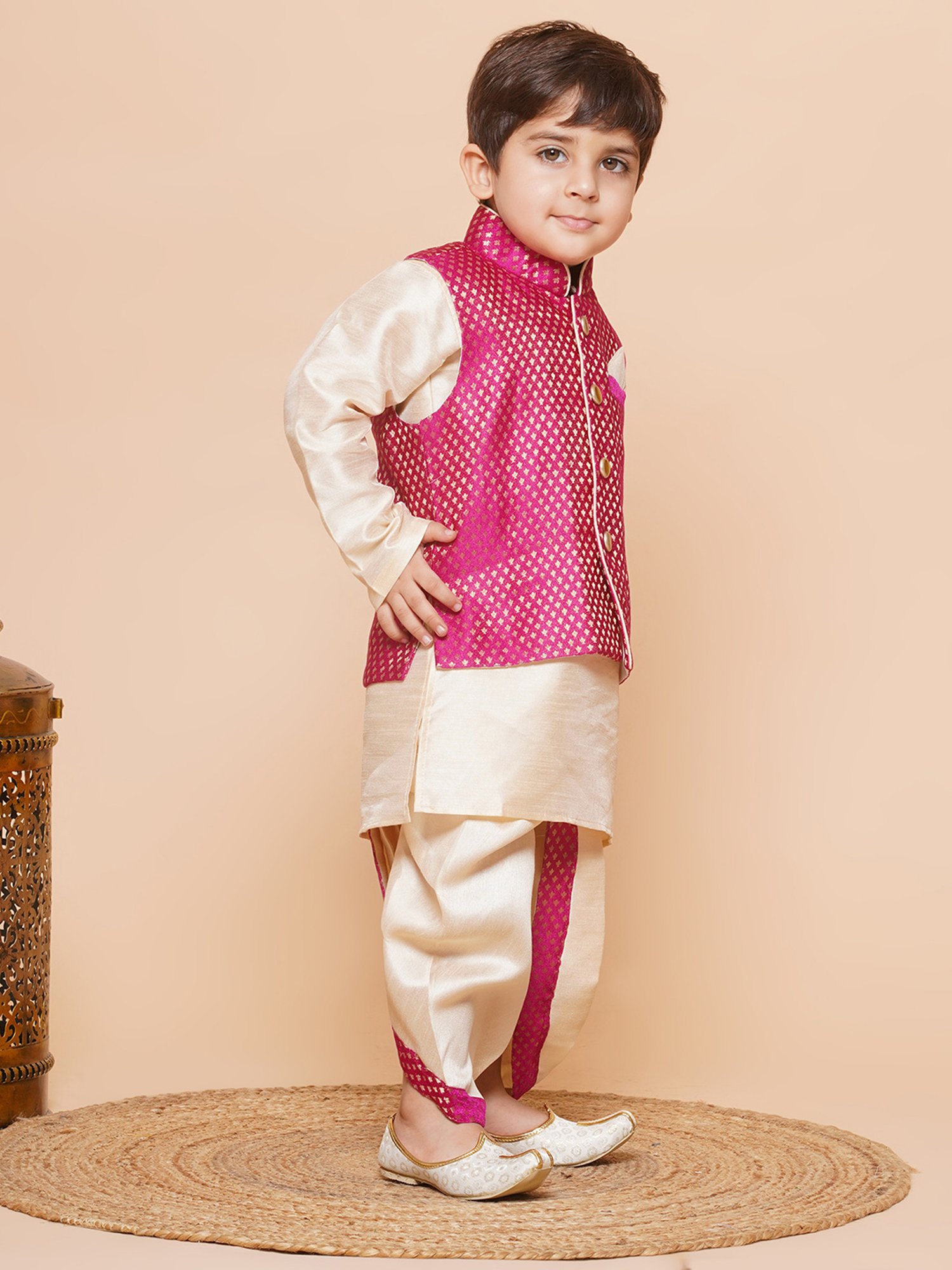 AJ Dezines Kids Beige & Pink Self Design Full Sleeves Kurta, Dhoti with Waistcoat