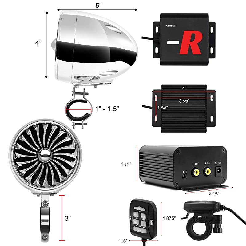 TN4-R Amplifier 4" Full Range Waterproof Bluetooth Motorcycle Stereo Speakers 1 to 1.5 in. Handlebar Mount Audio Amp System Harley Touring Cruiser ATV UTV RZR, AUX, FM Radio (TN4-R Chrome)
