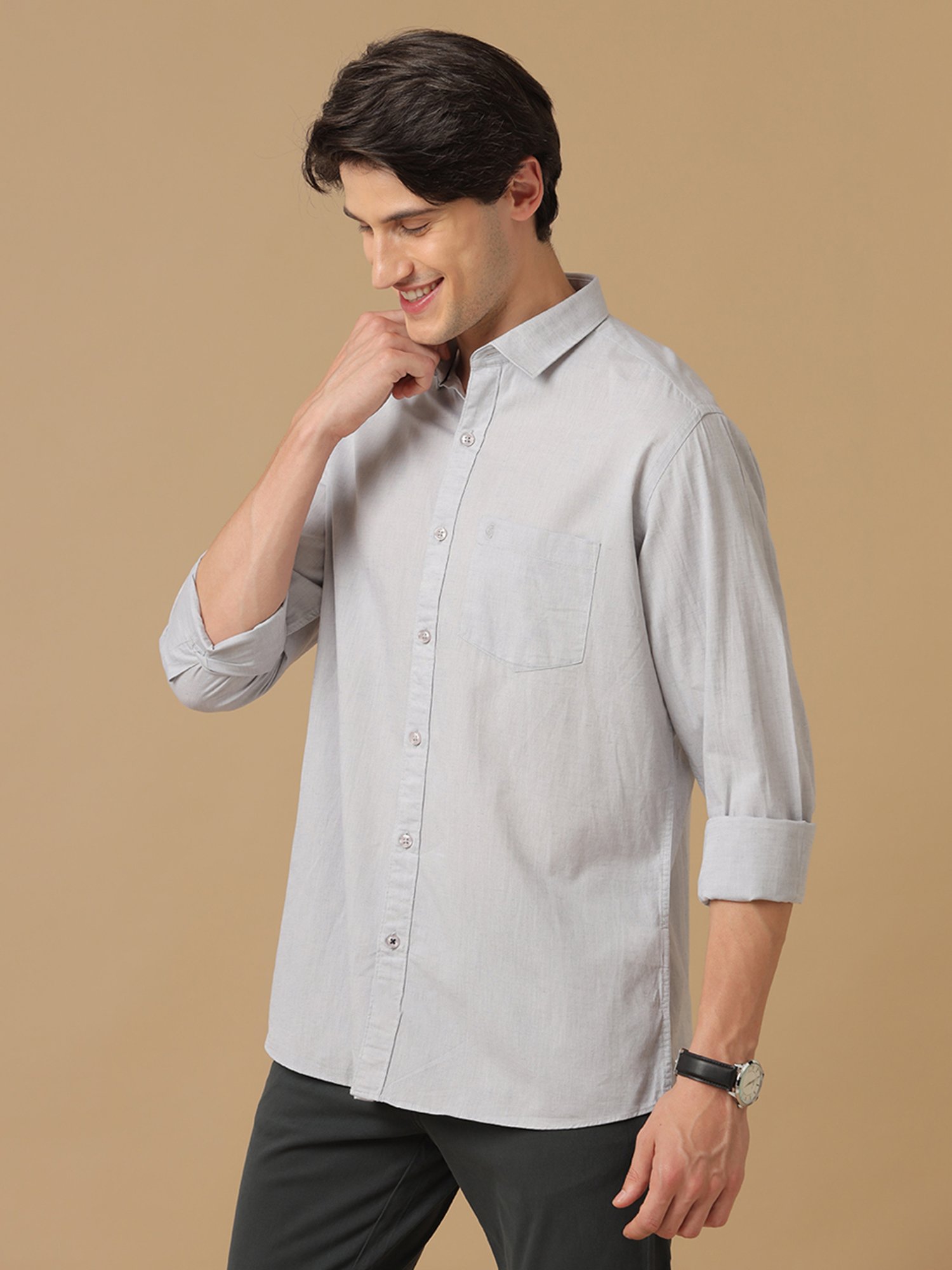 CAVALLO by Linen Club Grey Contemporary Fit Shirt