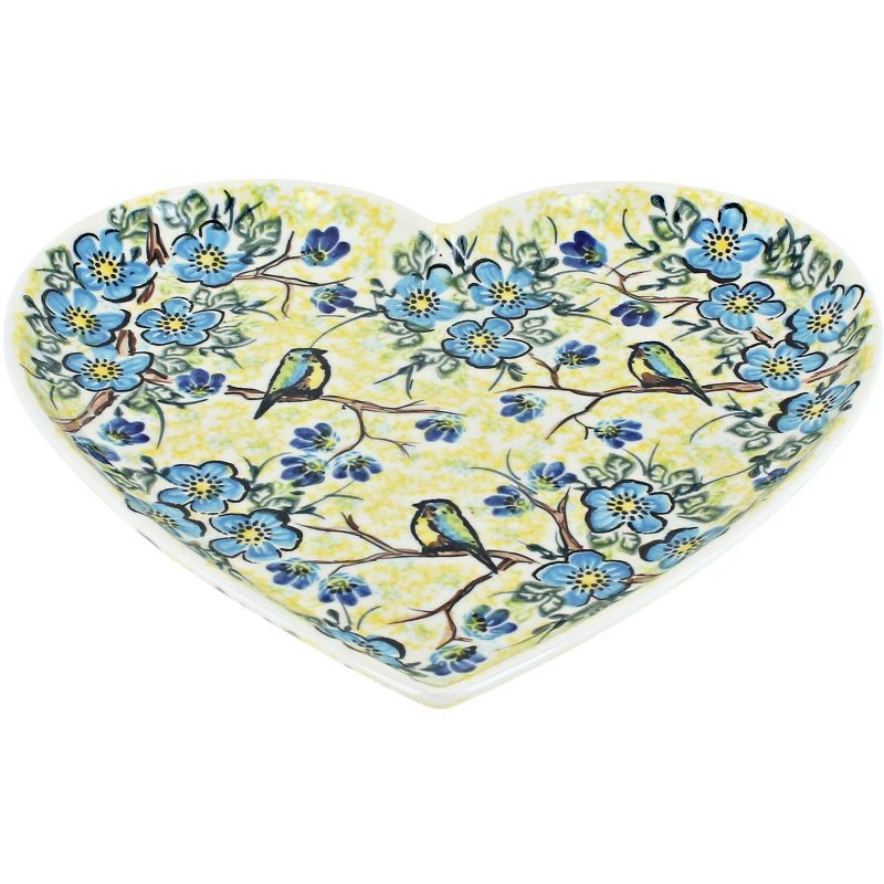 Blue Rose Polish Pottery Bluebird Garden Large Heart Plate