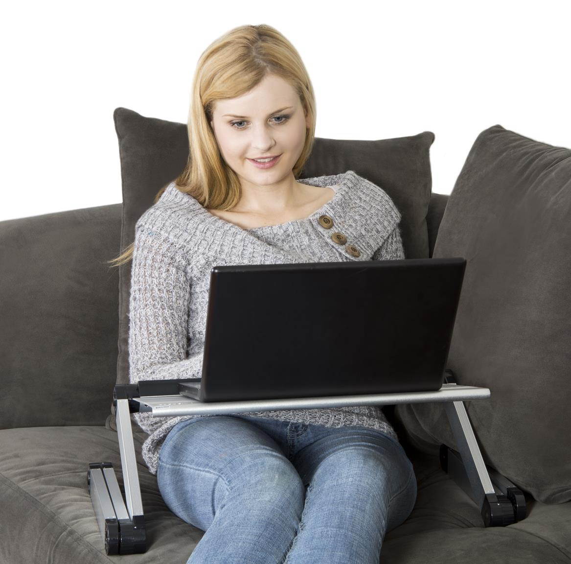 WorkEZ Executive Adjustable Ergonomic Laptop Cooling Stand Lap Desk for Bed Couch with 2 Fans & 3 USB Ports Folding Aluminum Desktop Riser Tray Height Tilt Angle Portable MacBook Cooler Cooling, Black