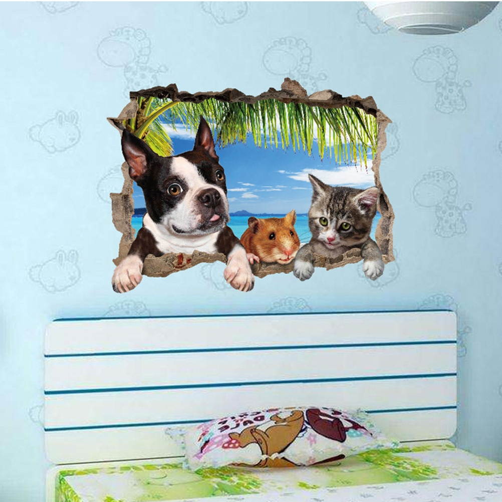 3D Broken Wall Window Sticker French Cat Mouse Children Room Bedroom Cute Animal Wall Stickers