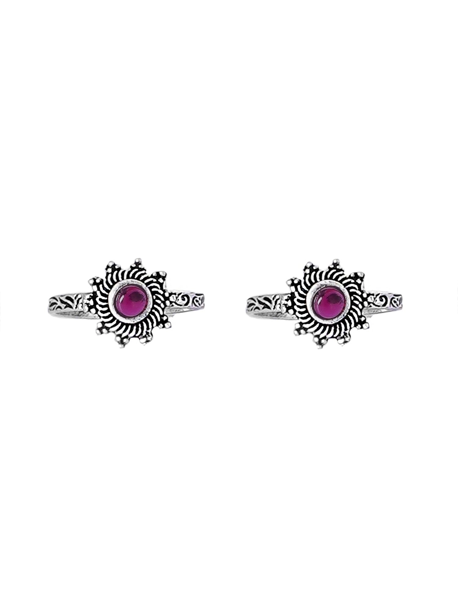 Teejh Ethnic Rishika Pink Stone Silver Oxidized Toe Rings for Women