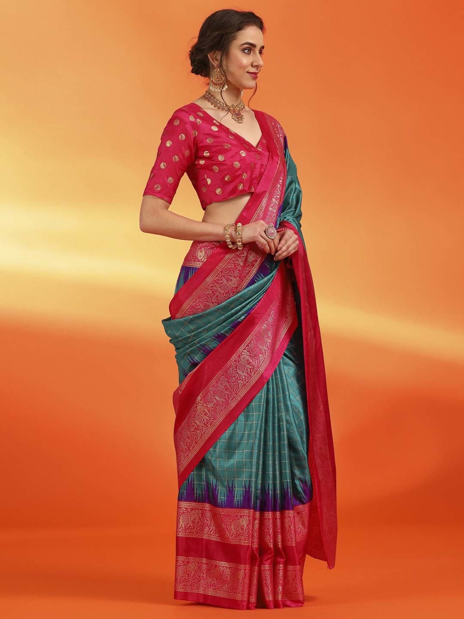 Saree Mall Blue & Pink Silk Printed Saree With Unstitched Blouse