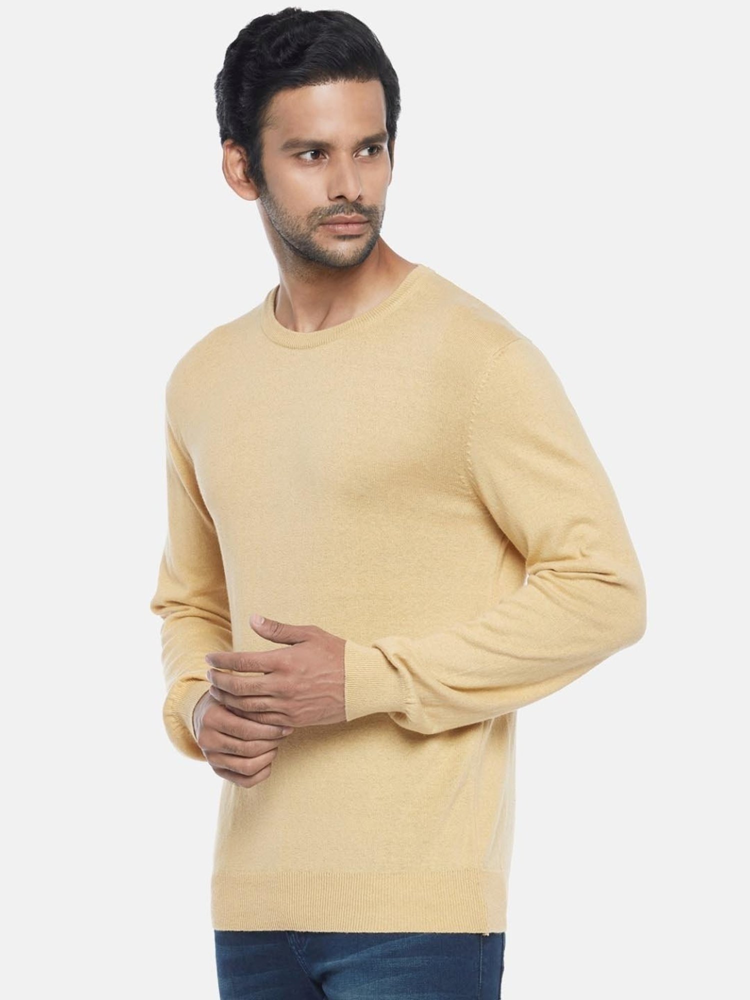 Byford By Pantaloons Mustard Yellow Cotton Regular Fit Sweaters