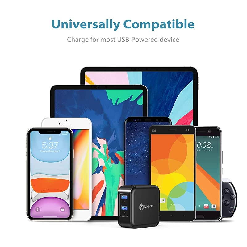 Wall Charger for iPhone iPad iClever Dual Port 24W Travel Tablet Phone Charger Adapter with SmartID for for iPhone11 ProiPhoneXiPhone XR876Plus iPad ProAir 2Mini 3Mini 4 and More