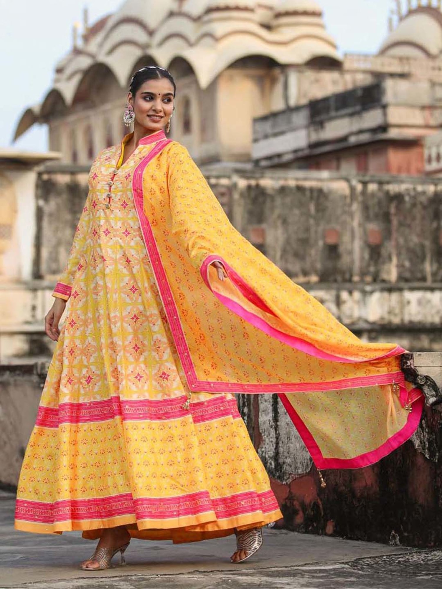 Saffron Threads Black Cotton Floral Print Ethnic Dress