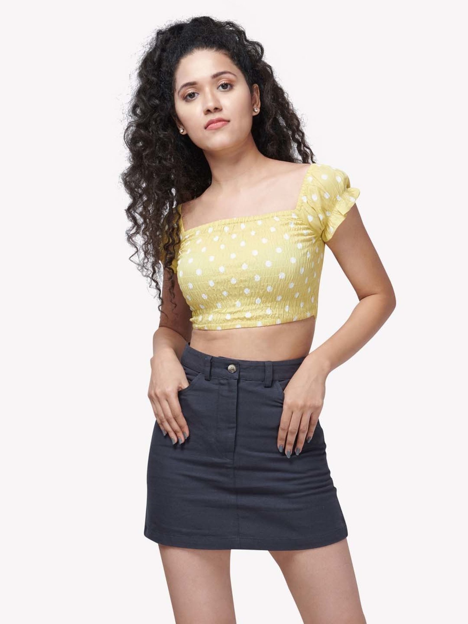 VASTRADO Yellow Polka Dots Crop Top