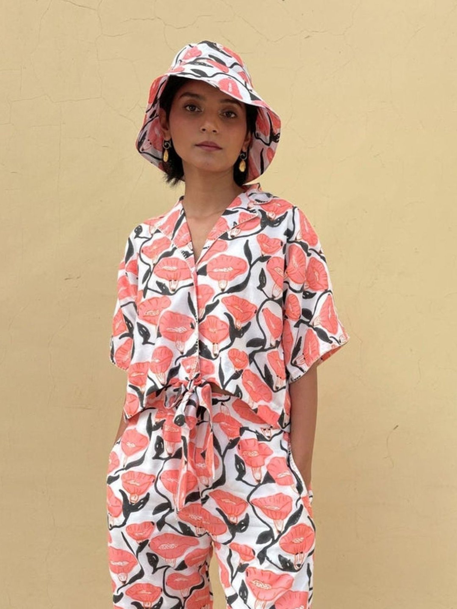 Khajoor Studio White & Pink Bageecha Outlined Florals Boxy Resort Shirt