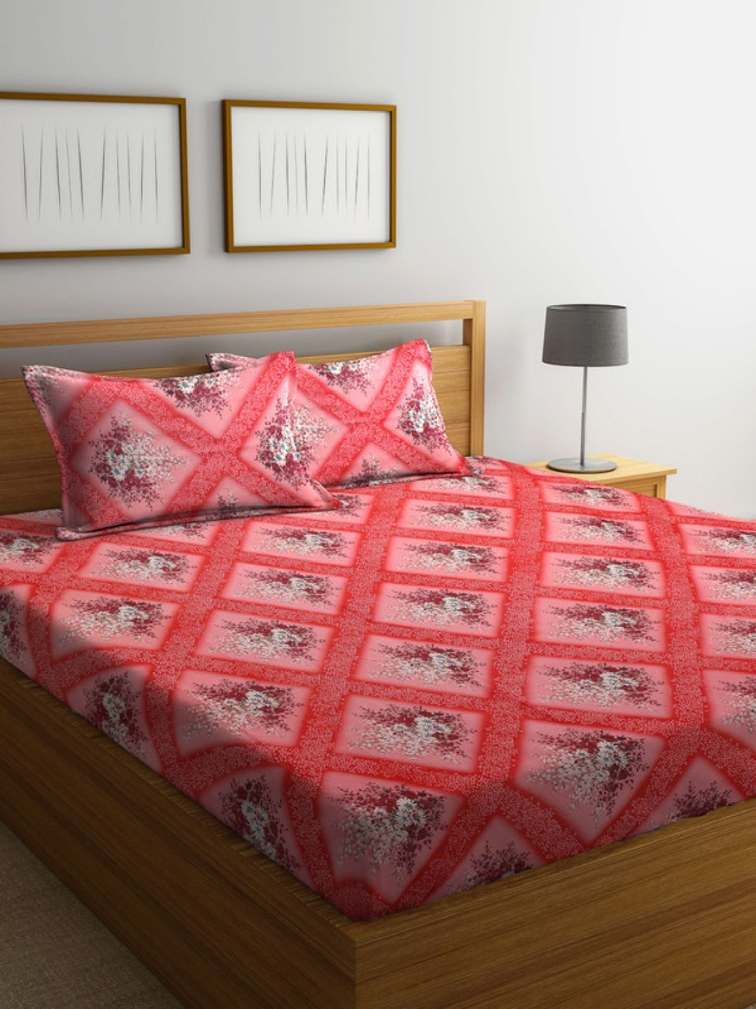 Dhrohar Printed Peach Cotton 180 TC Double Bedsheet with 2 Pillow covers