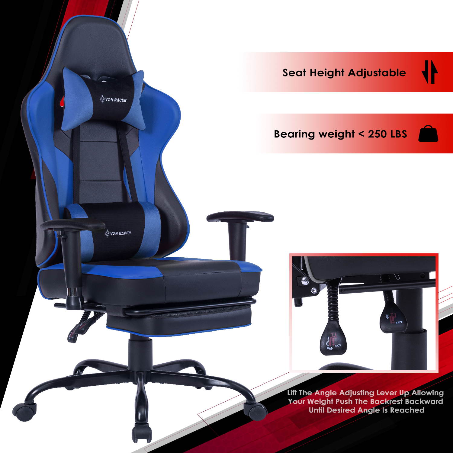 VON RACER Massage Gaming Chair - High Back Racing PC Computer Desk Office Chair Swivel Ergonomic Executive Leather Chair with Footrest and Adjustable Armrests(Grey)