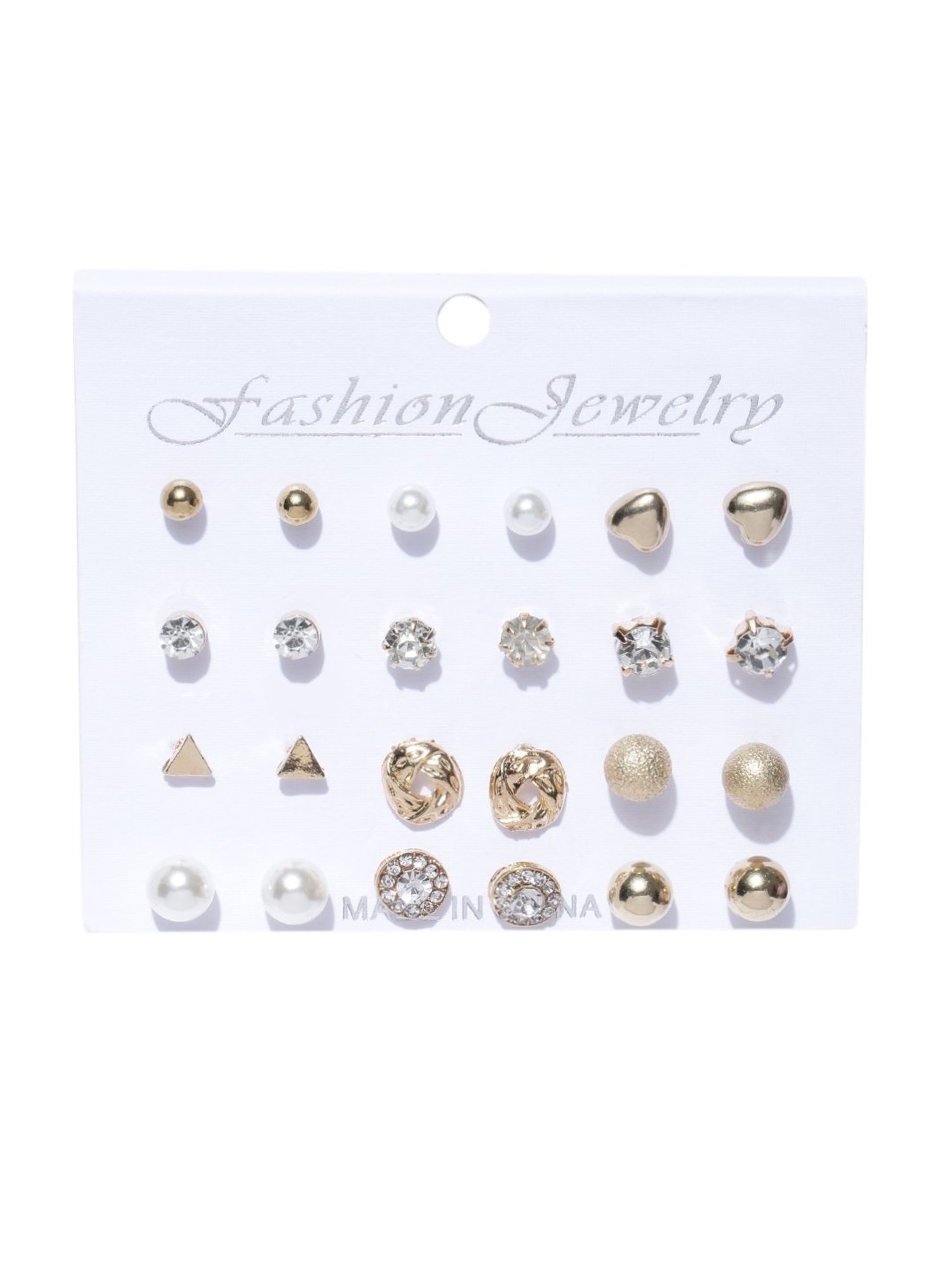 OOMPH Golden Tone Crystal & Pearl Office-Wear Fashion Stud Earrings for Women - Set of 12