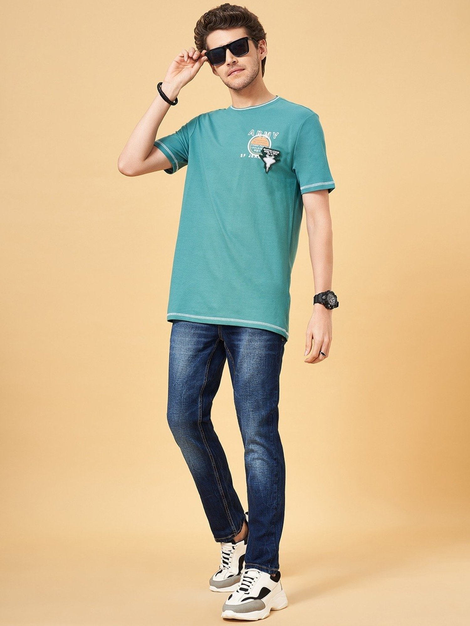 Sf Jeans By Pantaloons Dusty Turquoise Slim Fit Printed T-Shirt