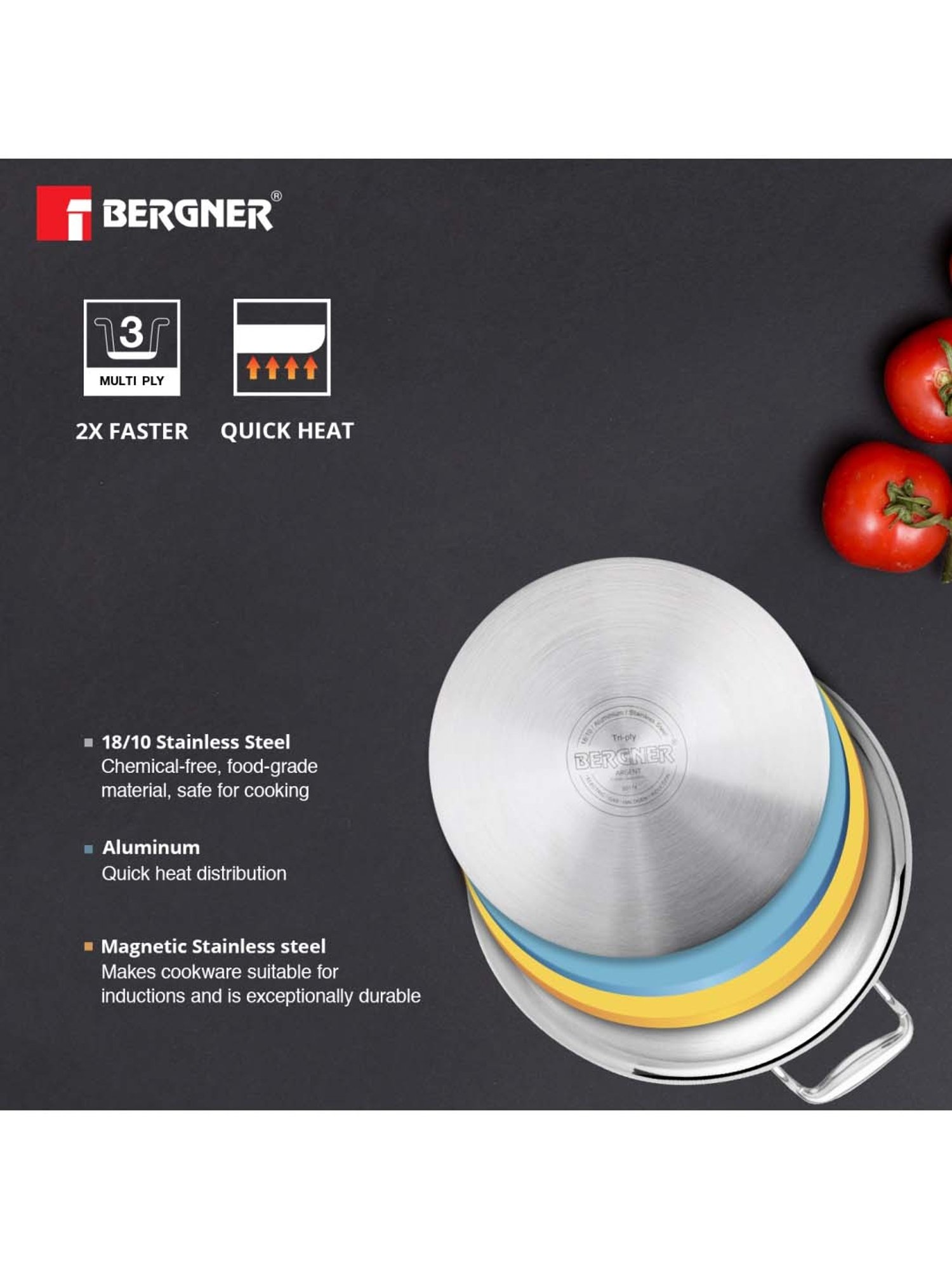 Bergner Triply Silver Stainless Steel Induction Base Casserole 20 cm diameter with Lid - Set of 1