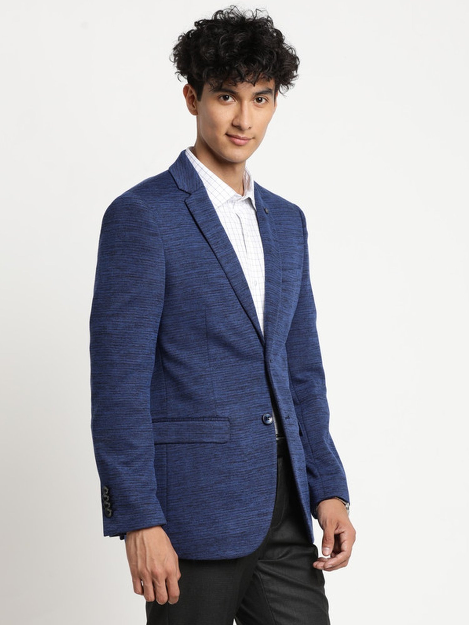 Turtle Navy Slim Fit Self Pattern Blazer