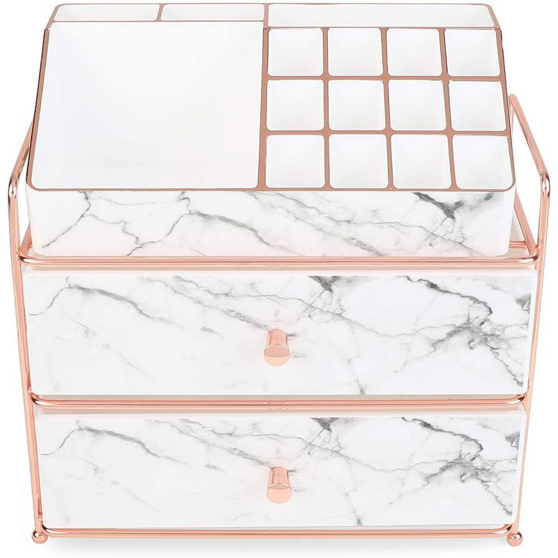 Glamlily White Marble Makeup Storage, Cosmetic Organizer Drawers (9.5 x 9.5 x 5.5 Inches)