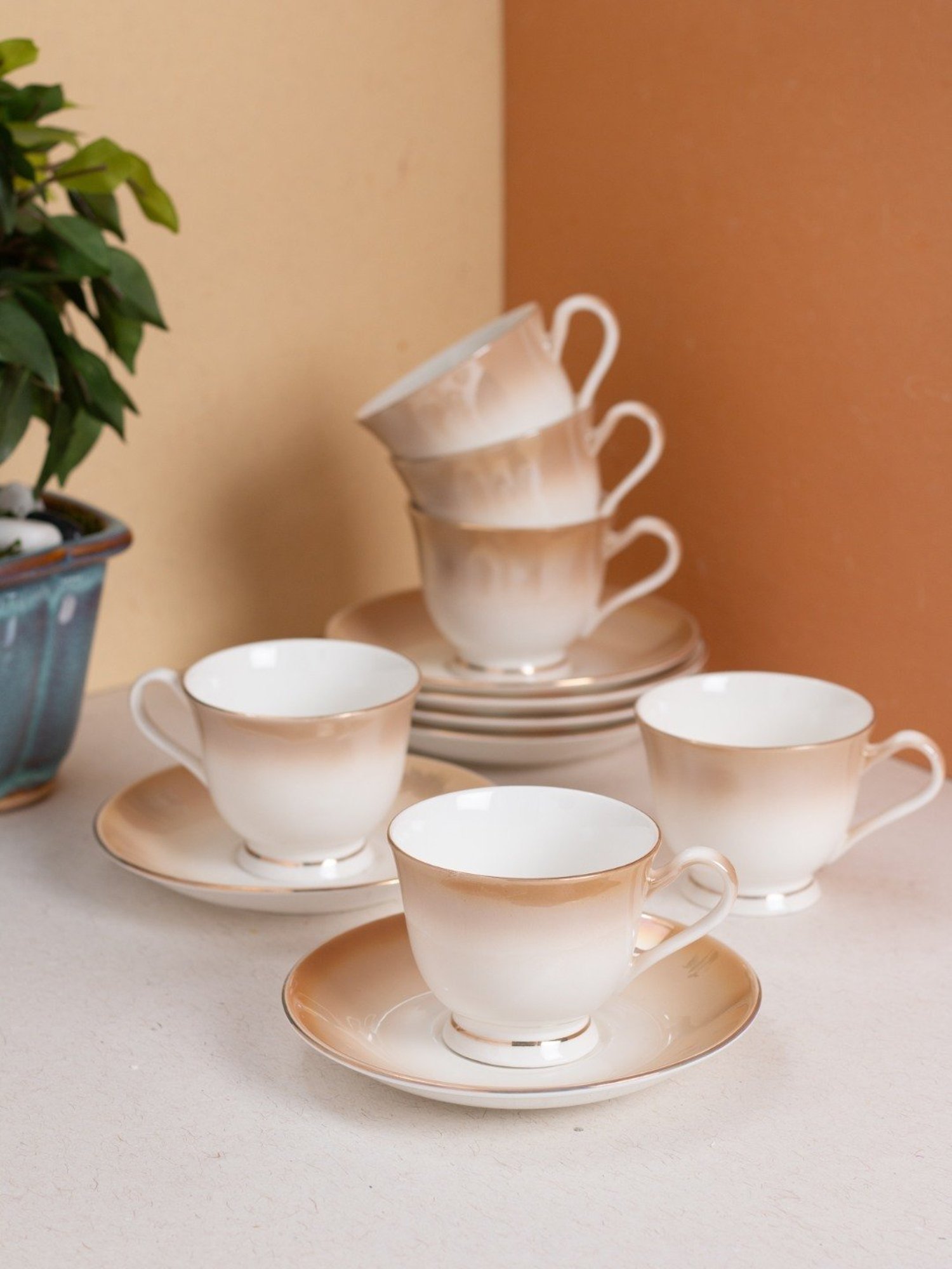 JCPL Fine Printed Grey Ceramic Cup & Saucer 180 ml - Set of 12