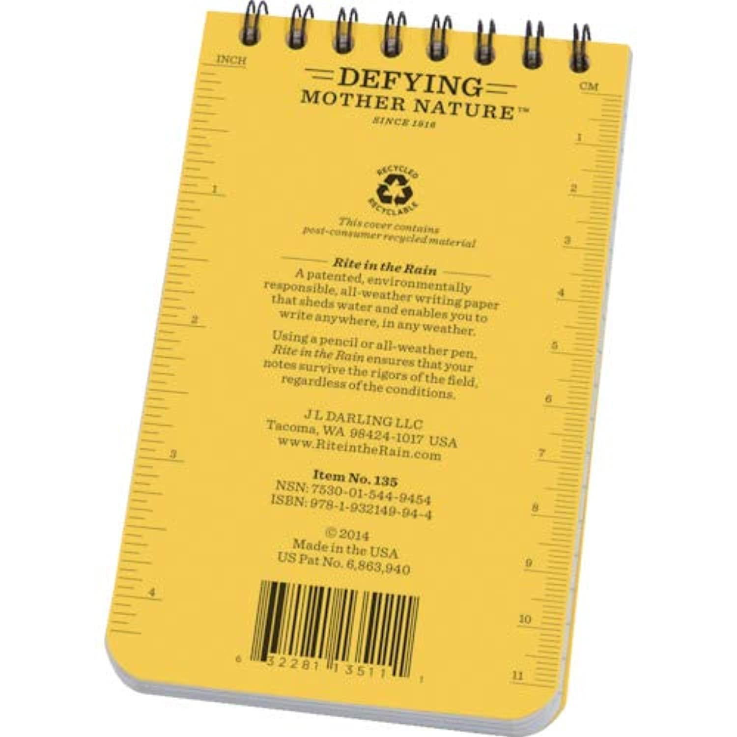 Rite in the Rain 135L All-Weather Top-Spiral Notebook, 3" x 5", Yellow Cover, Universal Pattern (No. 135)