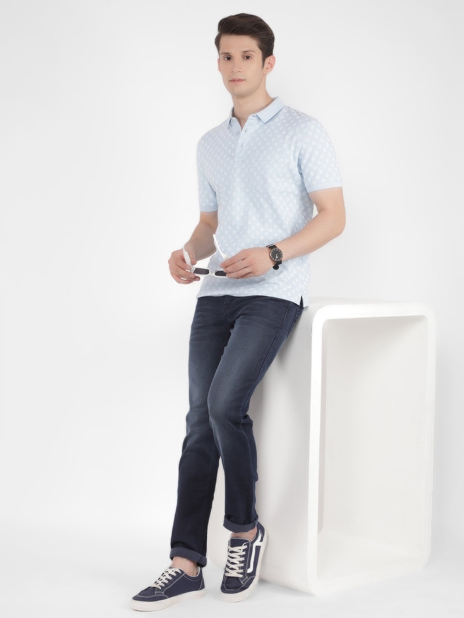 Crimsoune Club Blue Cotton Slim Fit Printed Polo T-Shirt