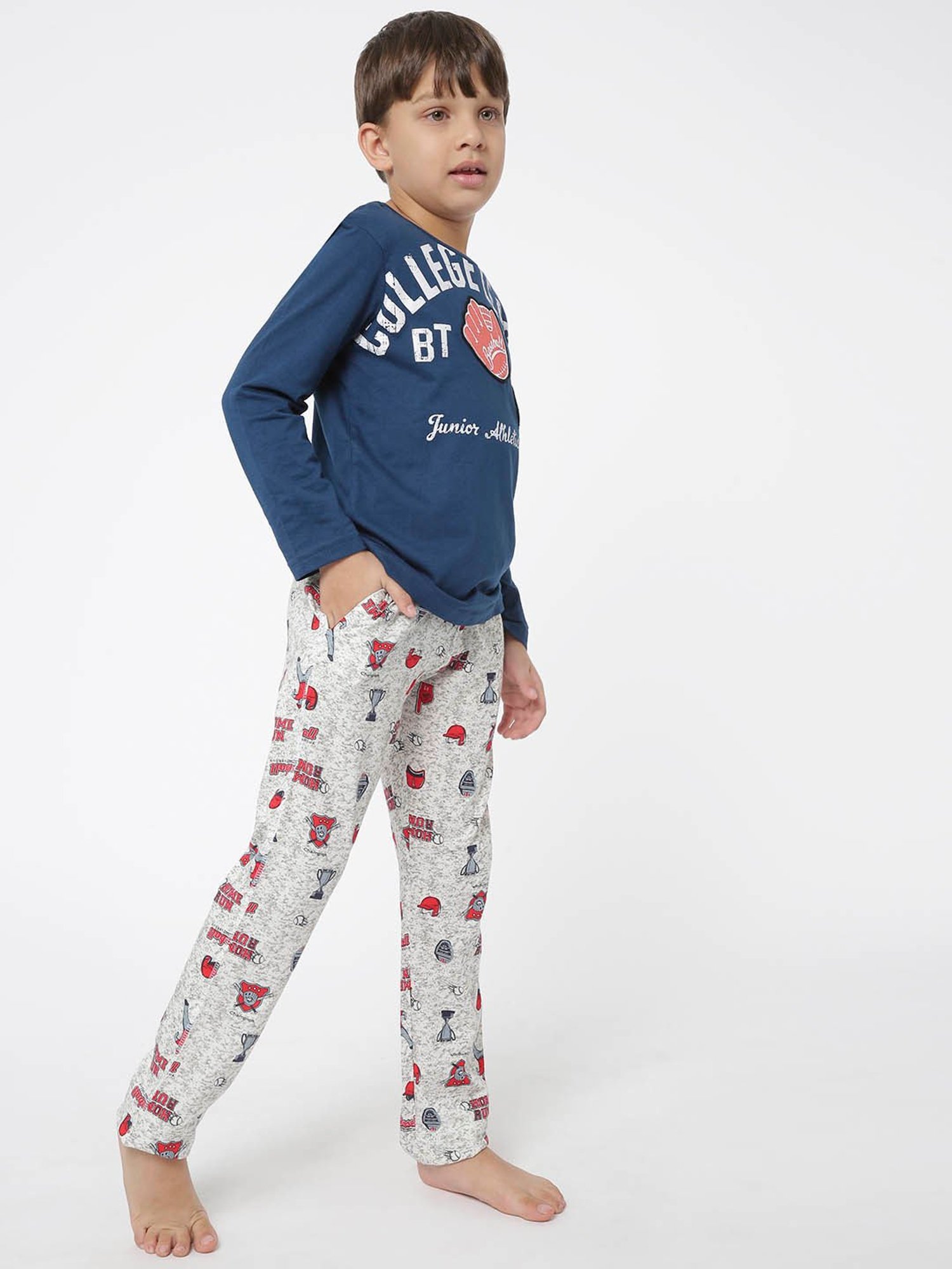 Sweet Dreams Kids Navy & Grey Printed Full Sleeves T-Shirt with Pyjamas
