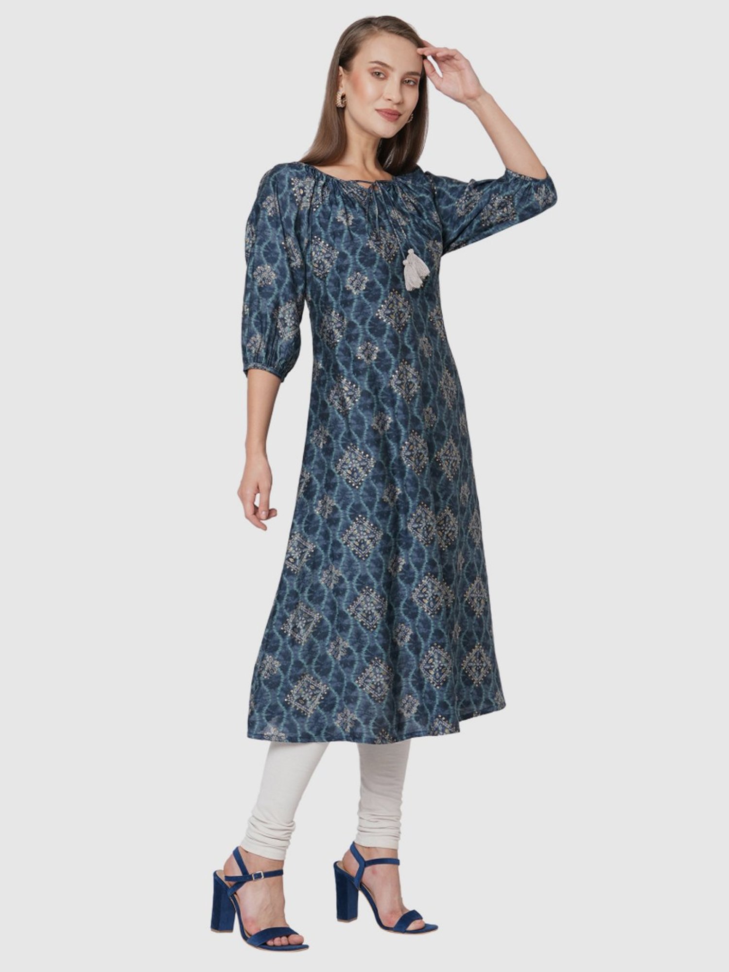 Fusion Beats Blue Printed A Line Kurta