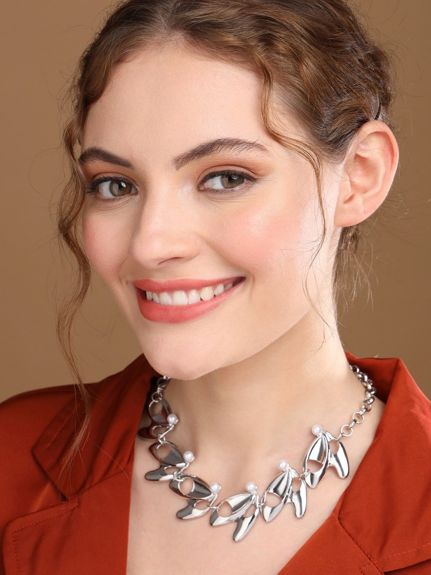 Prita by Priyaasi Pearl Studded Designer Leaf Link Silver-Plated Necklace