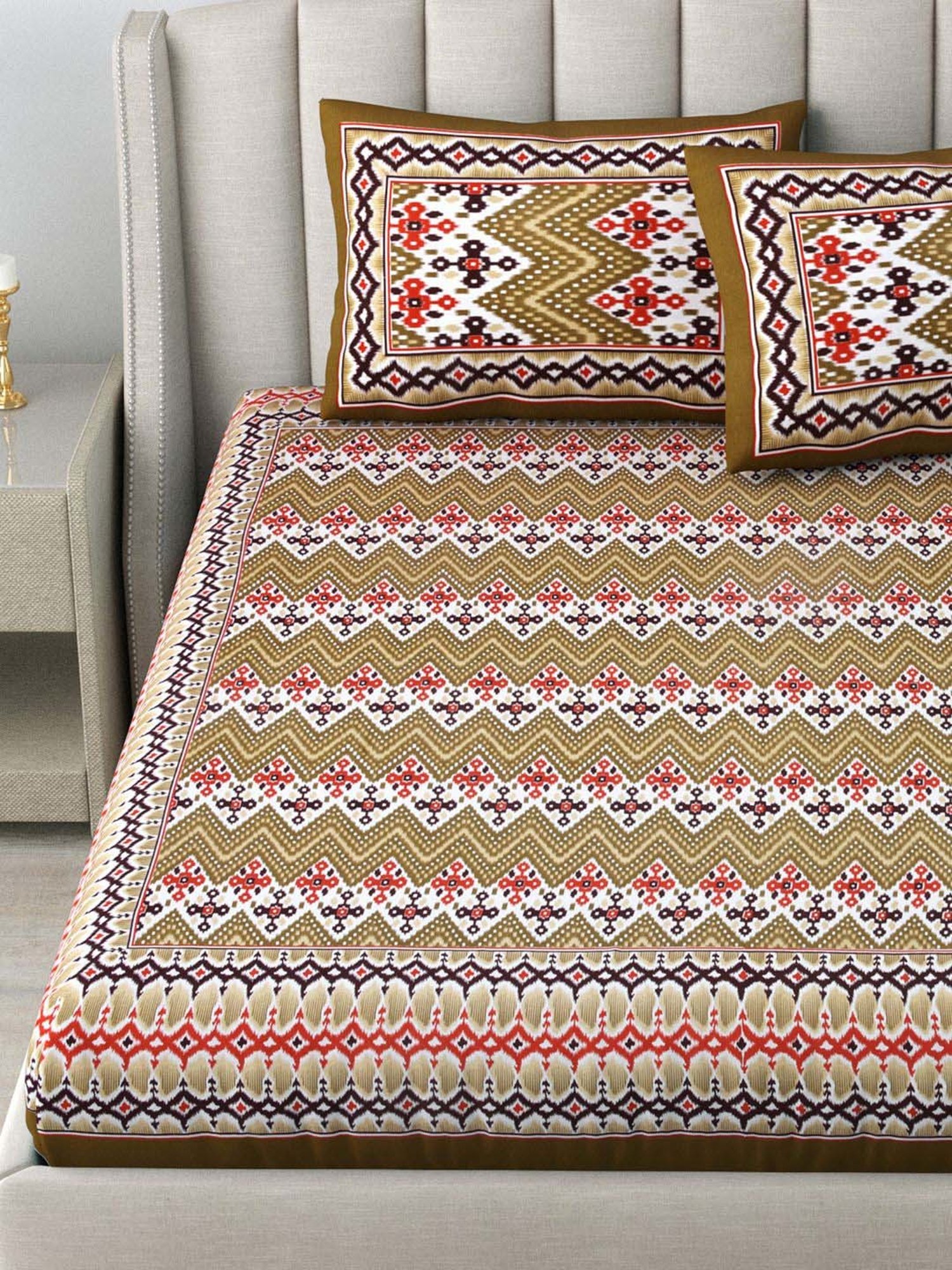 Living Roots Brown & Red Cotton 200 TC Super King Bedsheet with 2 Pillow Covers