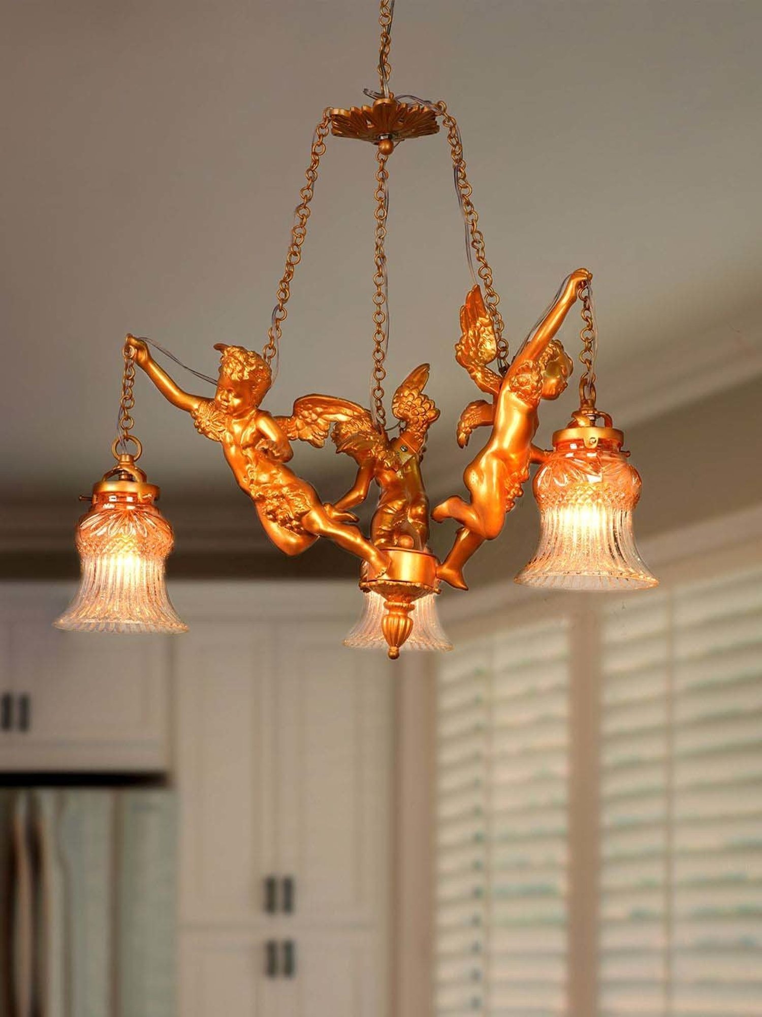 FOS LIGHTING White & Golden Aluminium 3-In-1 Dropped Hanging Chandelier