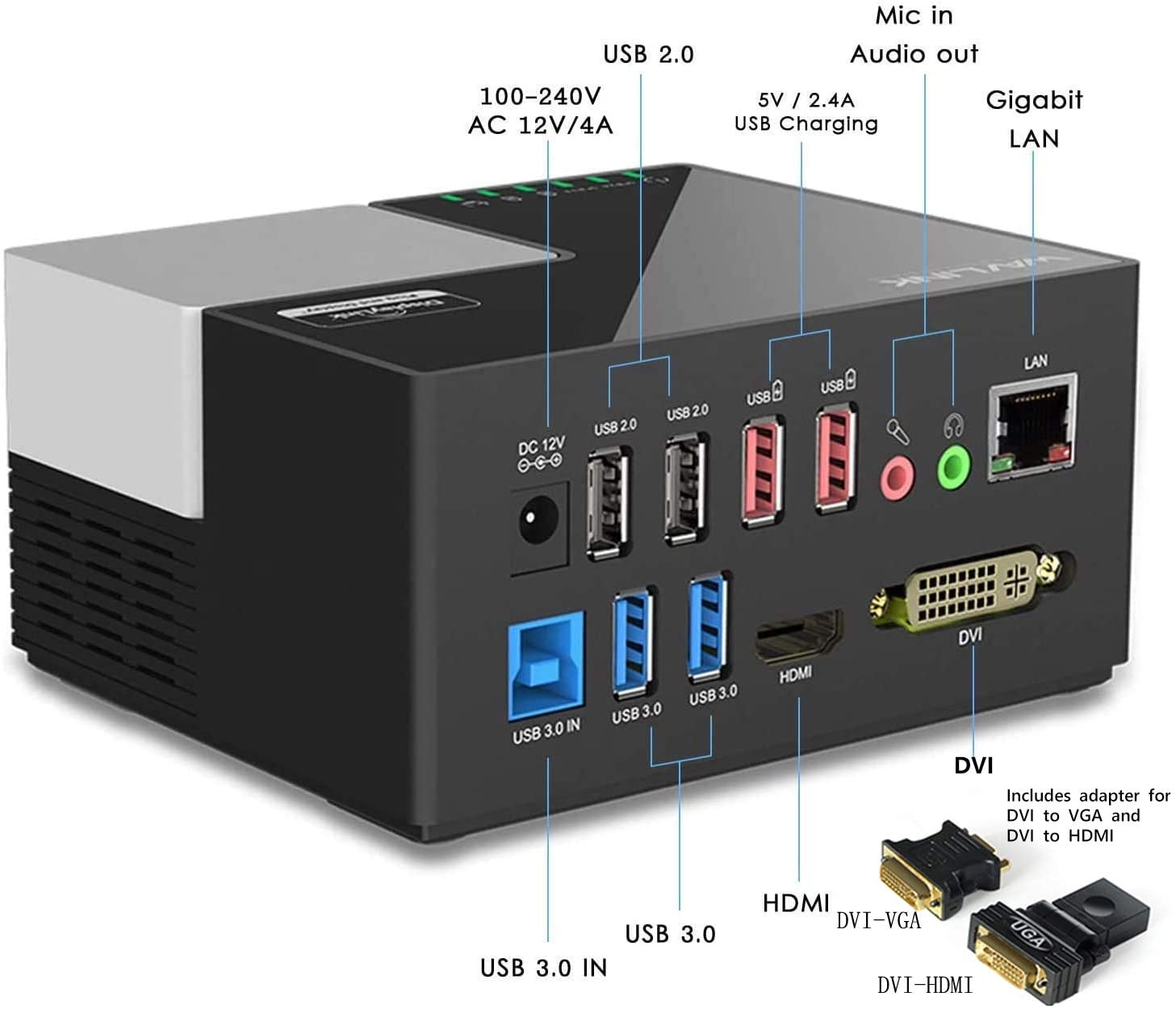 All in One USB 3.0 Universal Laptop Docking Station Dual Video Display,HDMI,DVI & VGA, Gigabit Ethernet,4 USB Data Ports, 2X USB Charging Port for Laptop, Tablets, Ultrabook,Android 5.0