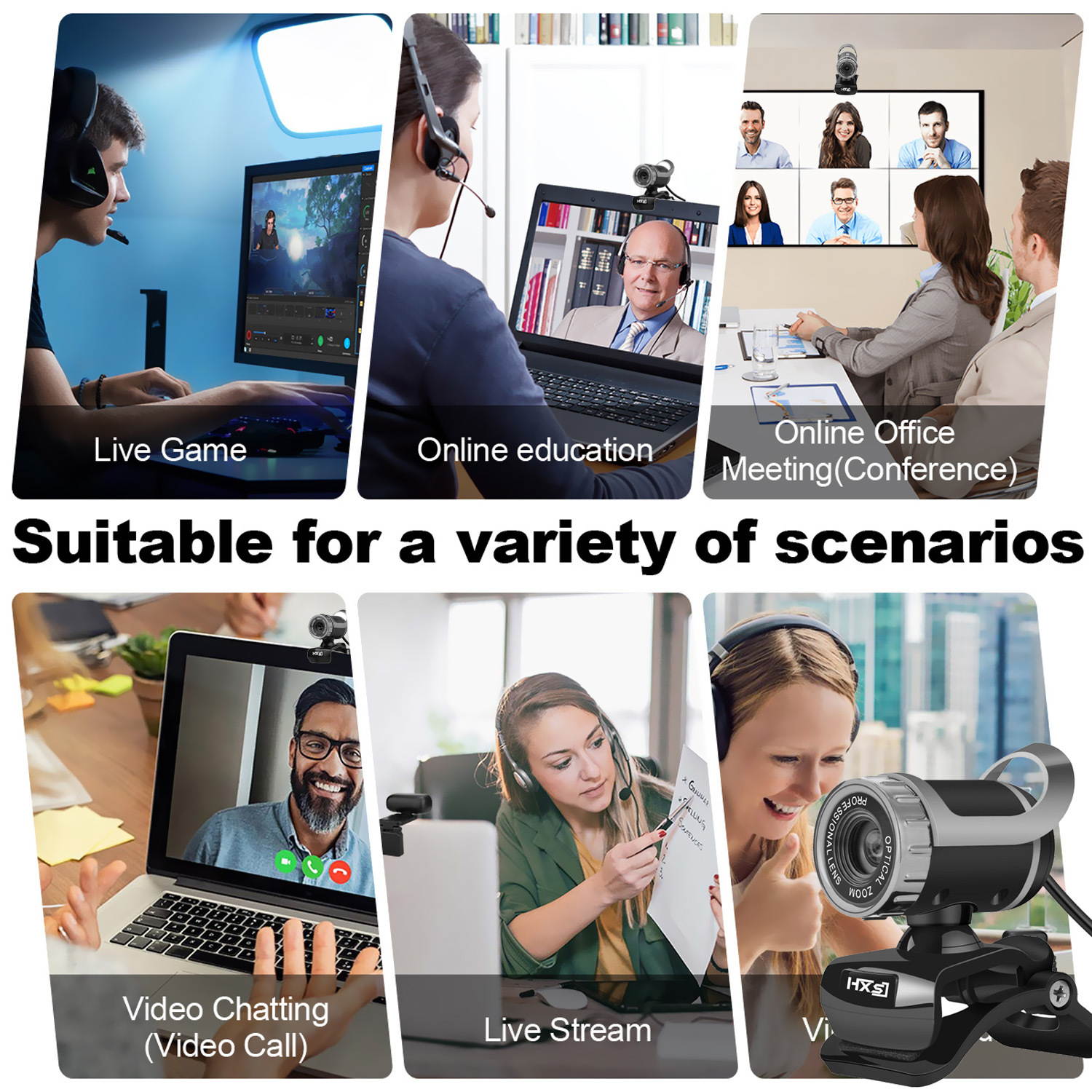 HXSJ S9 FULL HD 1080P Desktop Webcam USB Camera Web Camera Built-in Microphone Video Call Webcam for PC Laptop Desktop Computer (Black & Silver)