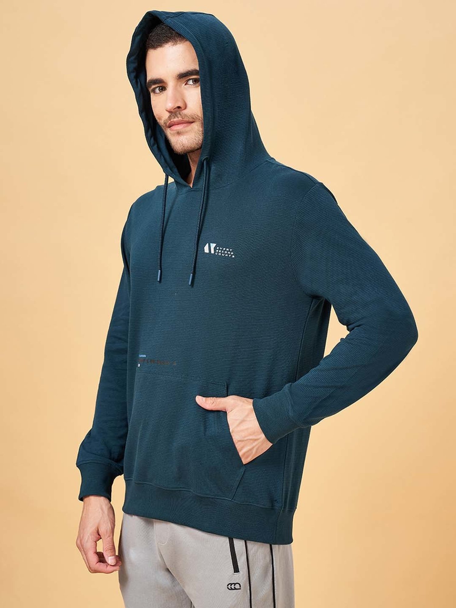 Ajile by Pantaloons Teal Slim Fit Printed Hooded Sweatshirt