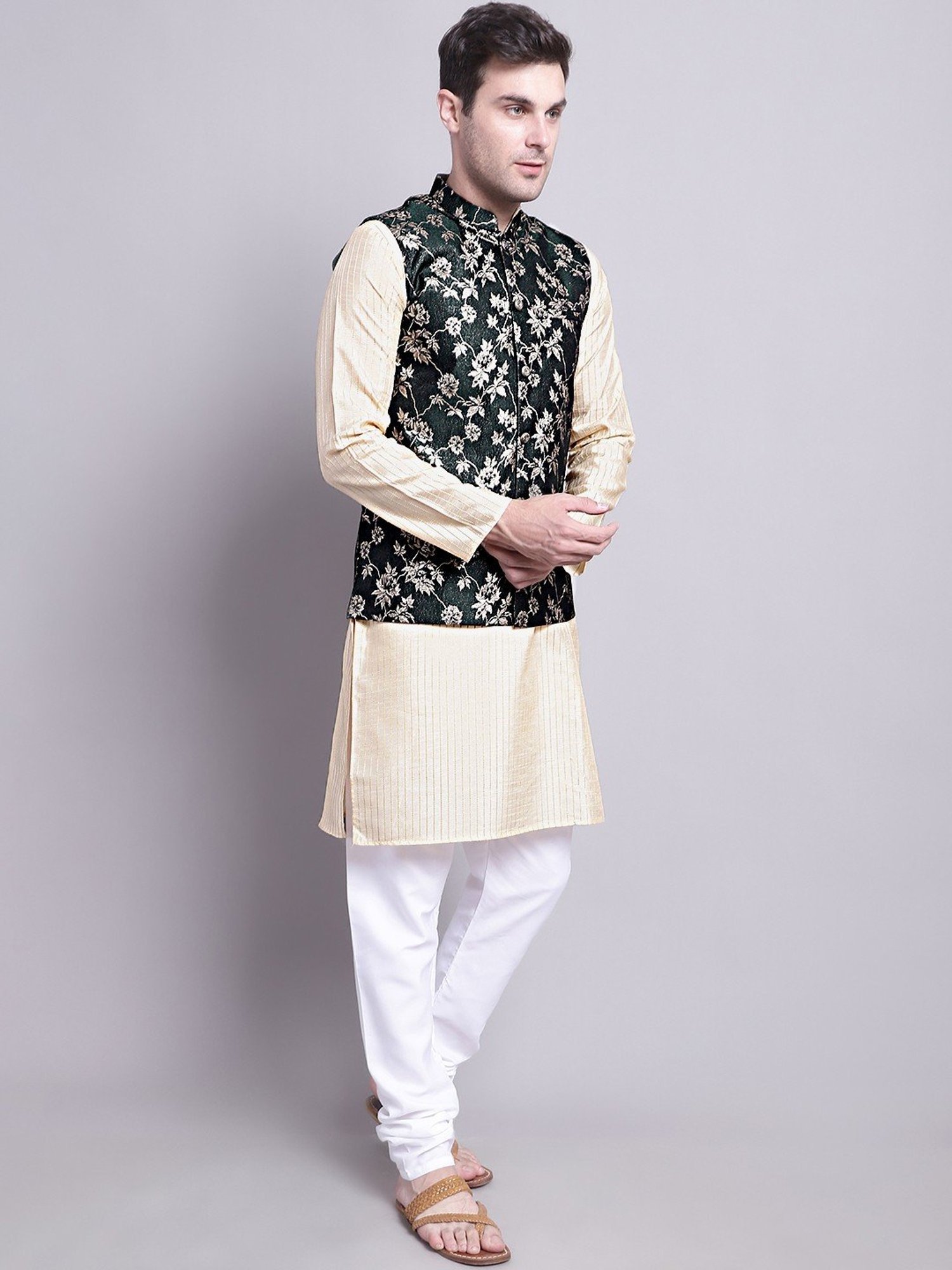 Jompers Dark Olive Regular Fit Printed Nehru Jacket