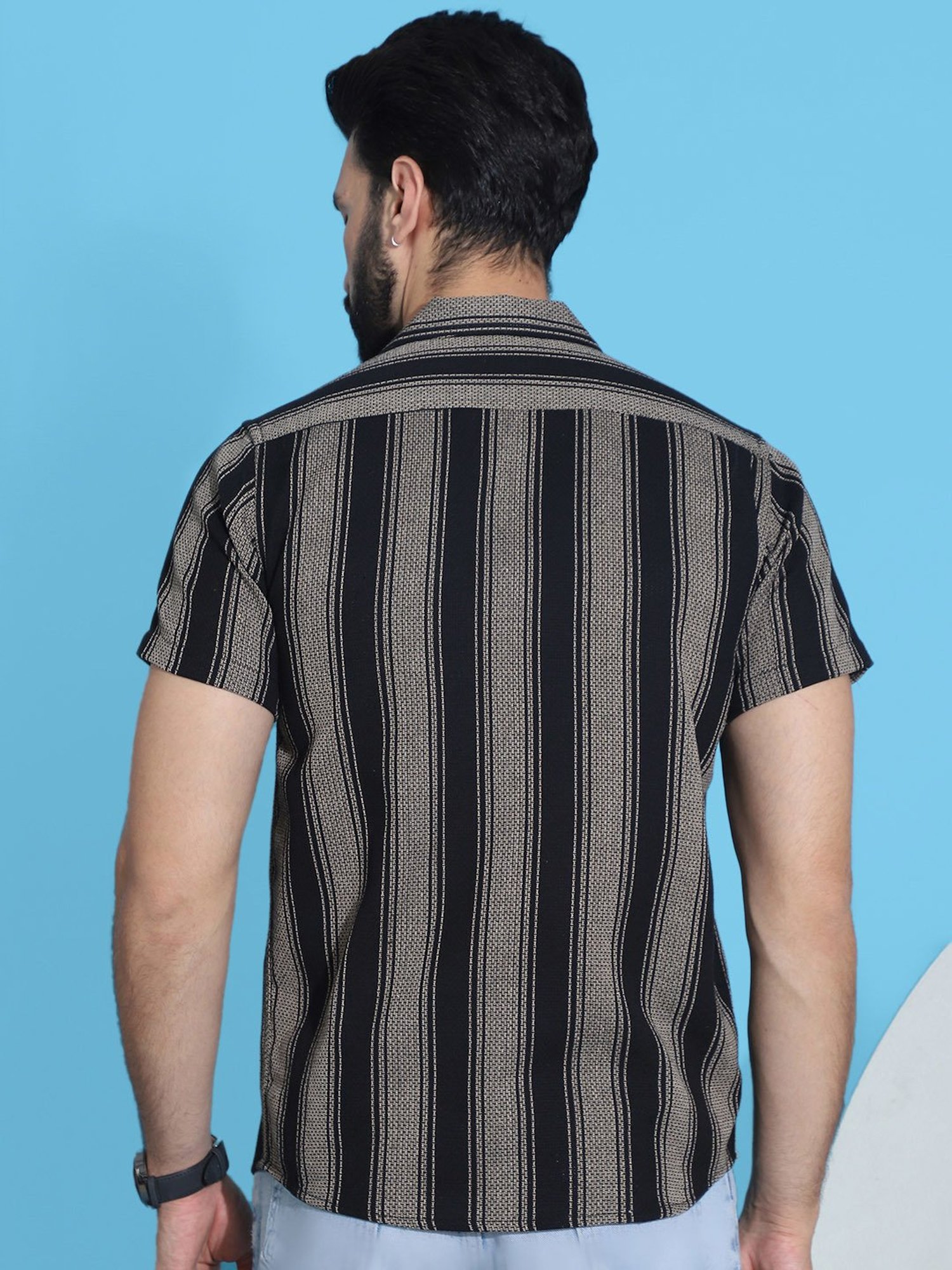 Indian Needle Black Regular Fit Striped Shirt