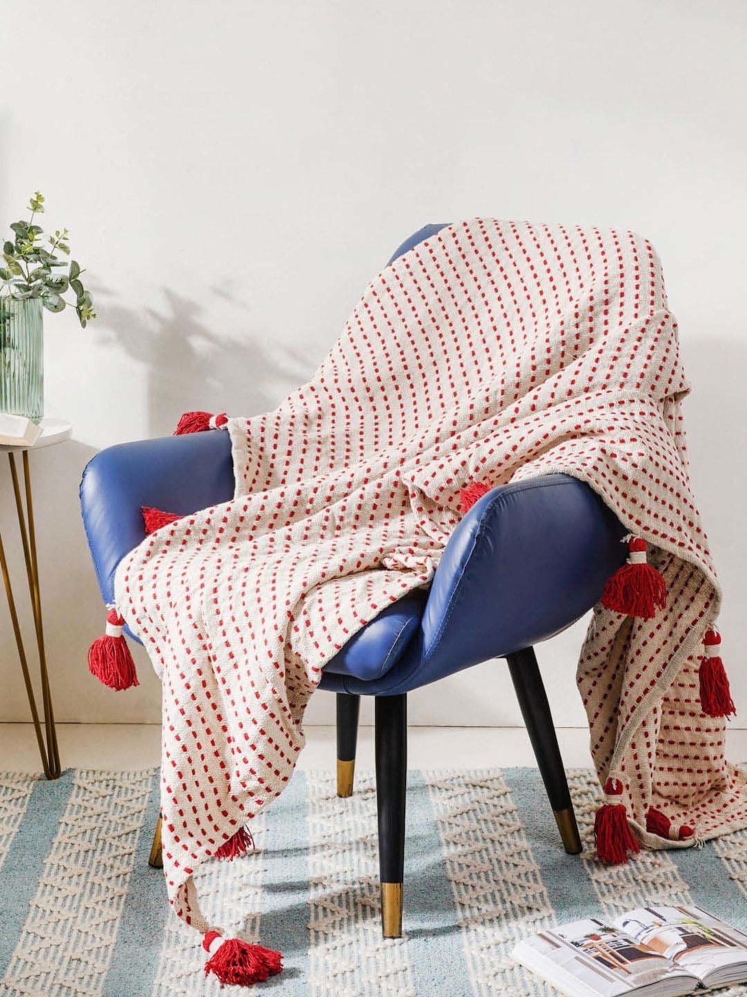 Nestasia Red & Cream Organic Cotton Knitted Throw blanket with texture for Living Room or Bedroom