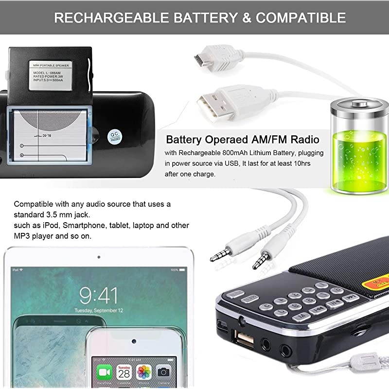 Mini Radio Portable AMFM  Rechargeable Radio High Powered Speaker Music Player Support Micro SDTF Auto Scan Save USB Transmit Data LED Display and Headphone Jack Function BM8 Black
