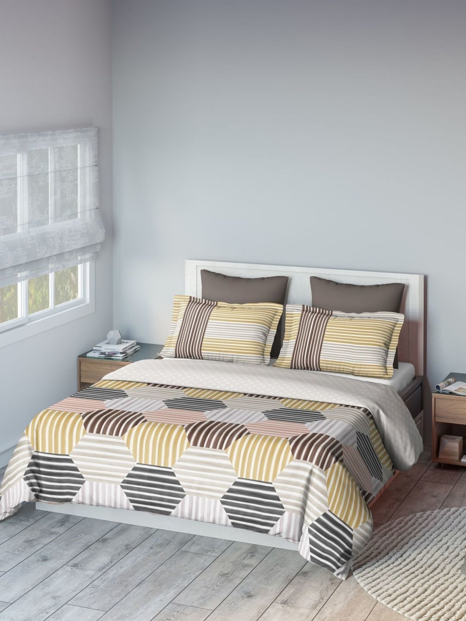 DDecor Wonder Bedding Abstract Brown & Grey 136 TC Cotton Double Bedsheet with 2 Pillow Covers