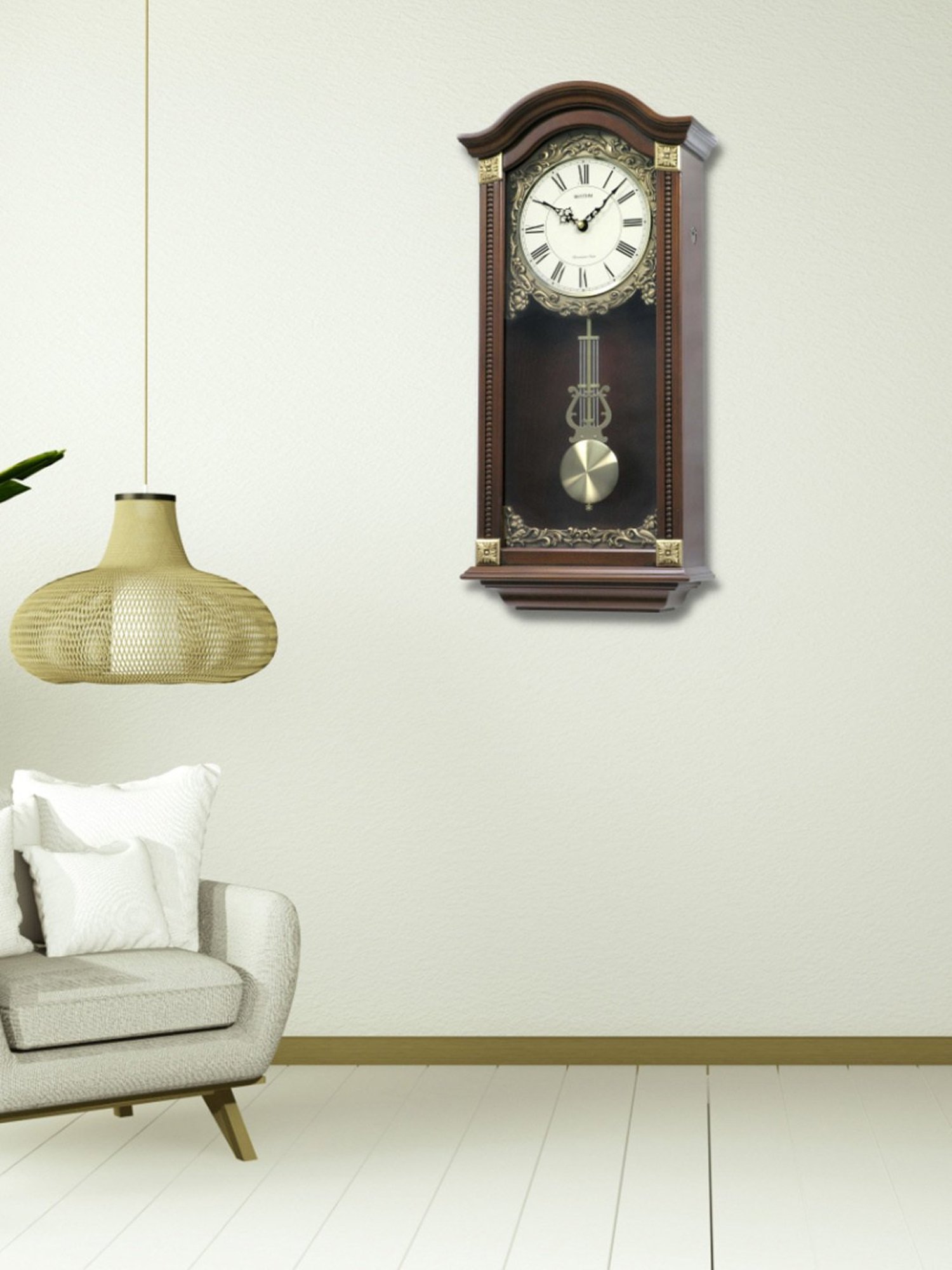 RHYTHM Dark Brown Wood Elegant Vertical Crown Wall Clock