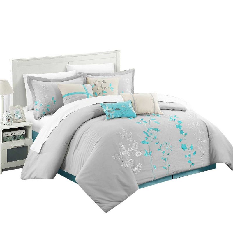 Chic Home Brooke Bliss Garden Embroidered Microfiber Comforter Bed In A Bag Set, 12 Piece Turquoise - King