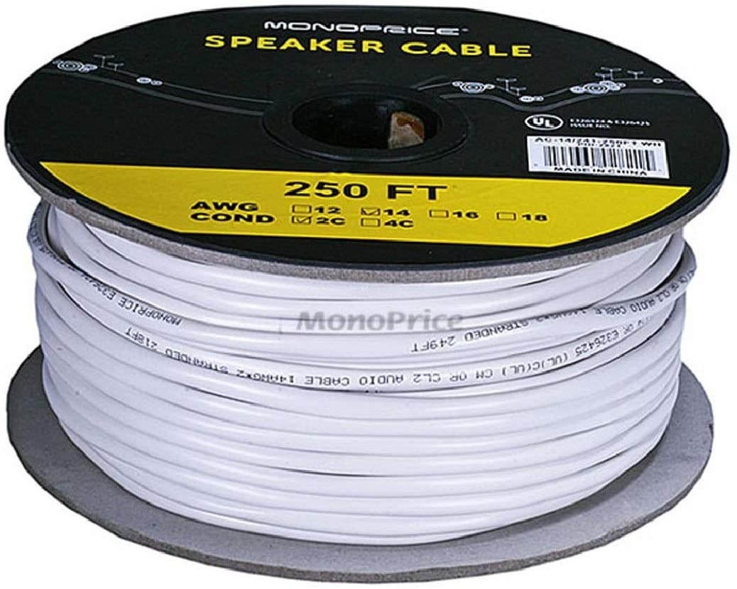 Monoprice Access Series 16 Gauge AWG CL2 Rated 4 Conductor Speaker Wire/ Cable - 250ft Fire Safety In Wall Rated, Jacketed In White PVC material 99.9% Oxygen-Free Pure Bare Copper