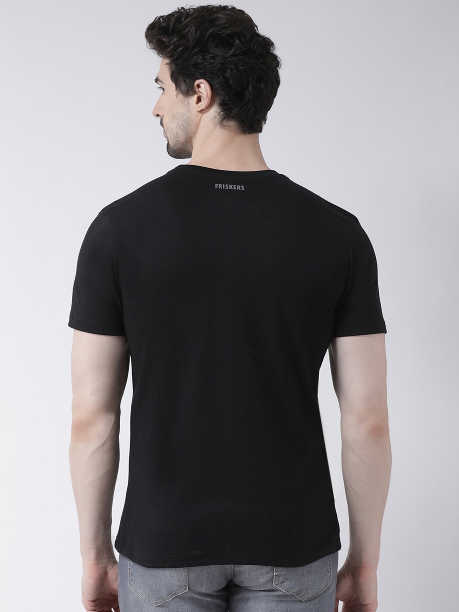 Friskers Black Cotton Slim Fit Printed T-Shirt