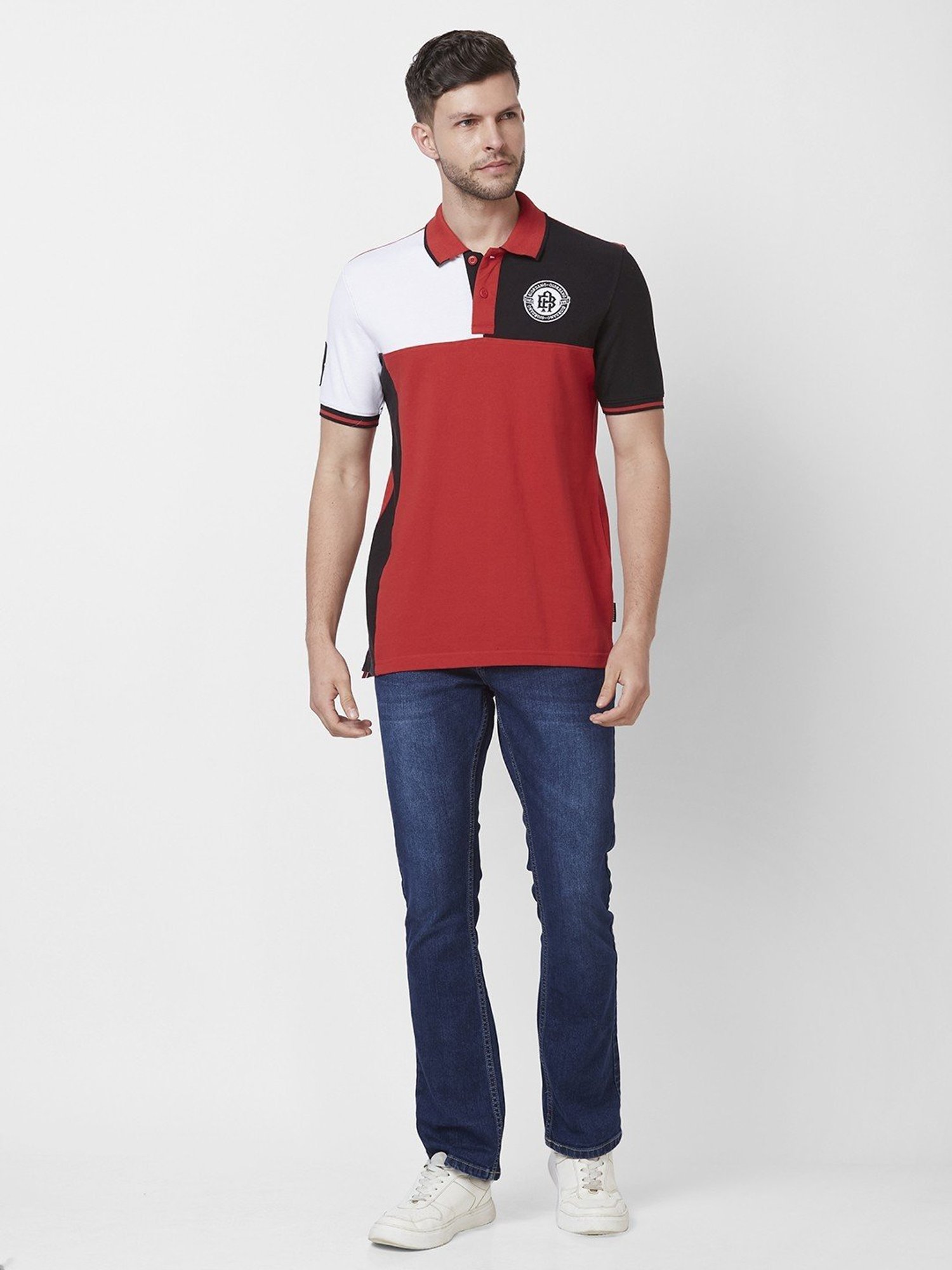 Giordano Red Cotton Slim Fit Colour Block Polo T-Shirt