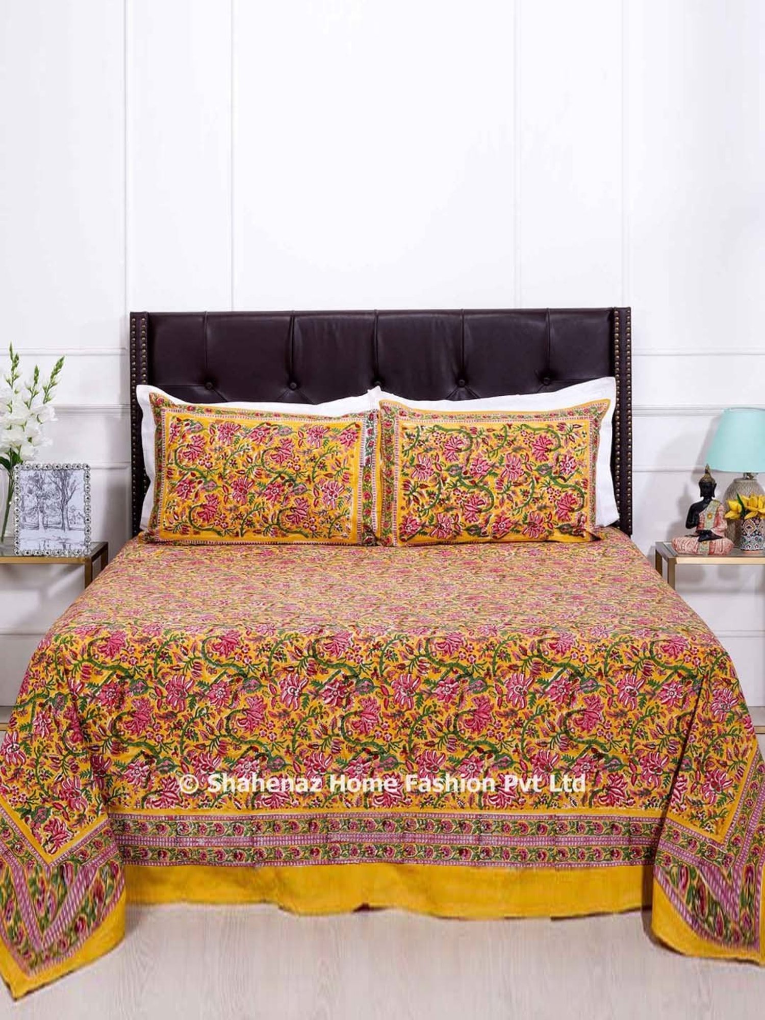Shahenaz Mustard Yellow & Green 120 TC Cotton Gayatri Single Bedsheet with 1 Pillow Cover