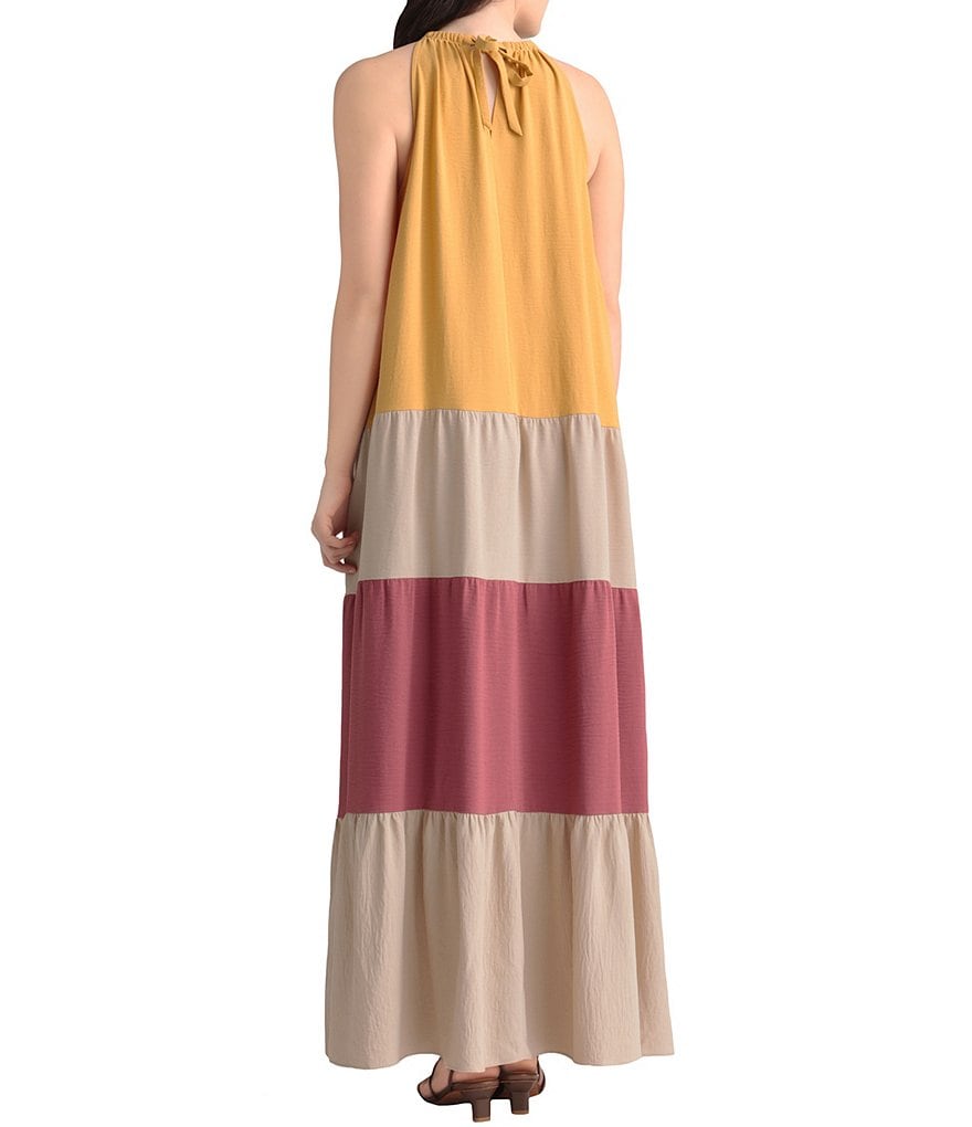 Maggy London Halter Neck Color Block Maxi Swing Dress