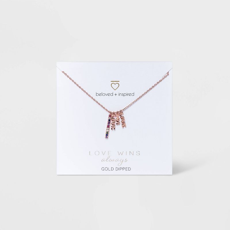 Beloved + Inspired Rose Gold Rainbow with Cubic Zirconia Bar 'Love is Love" Charm Necklace