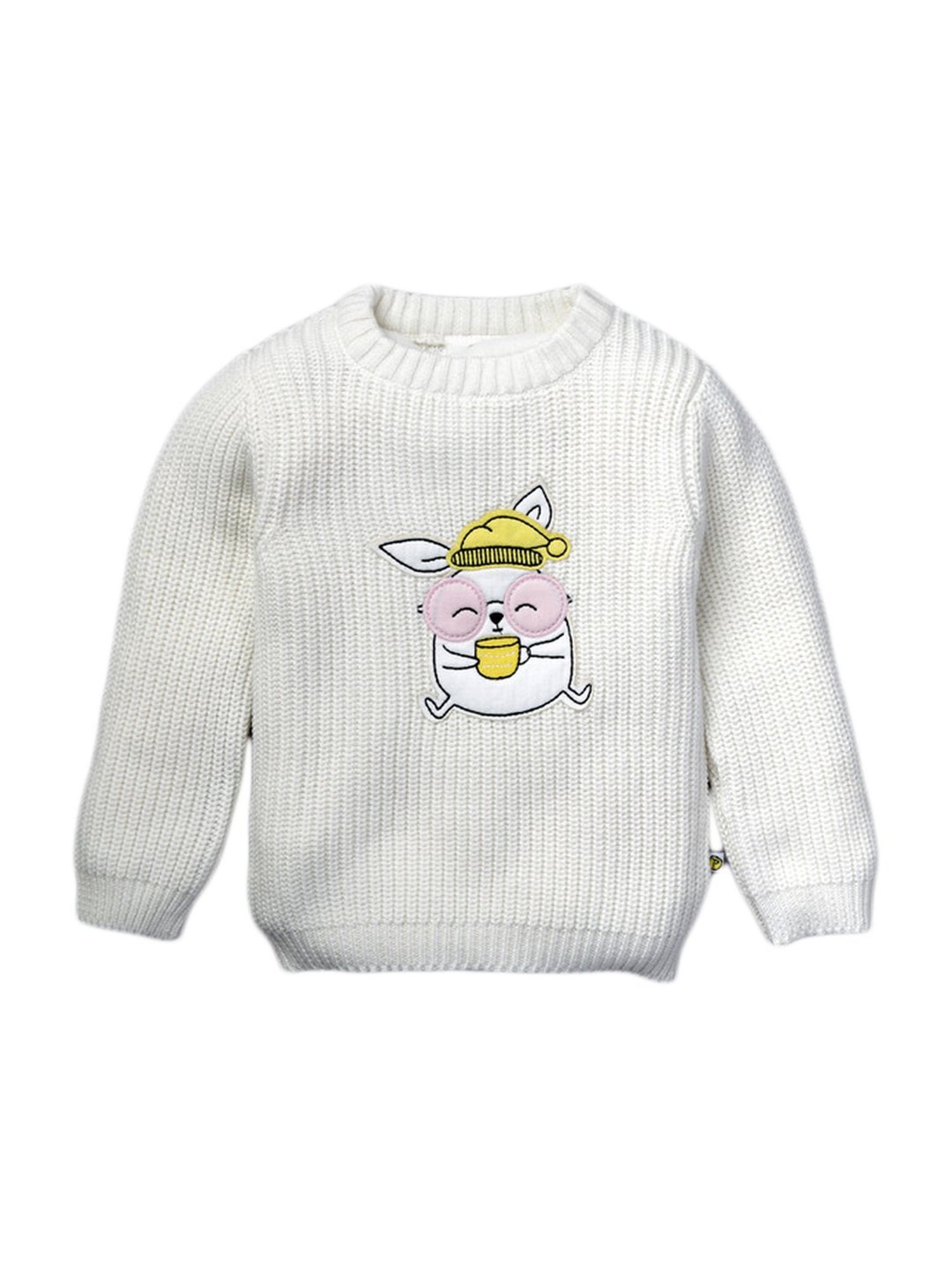Pranava Kids White Cotton Patch Work Sweater