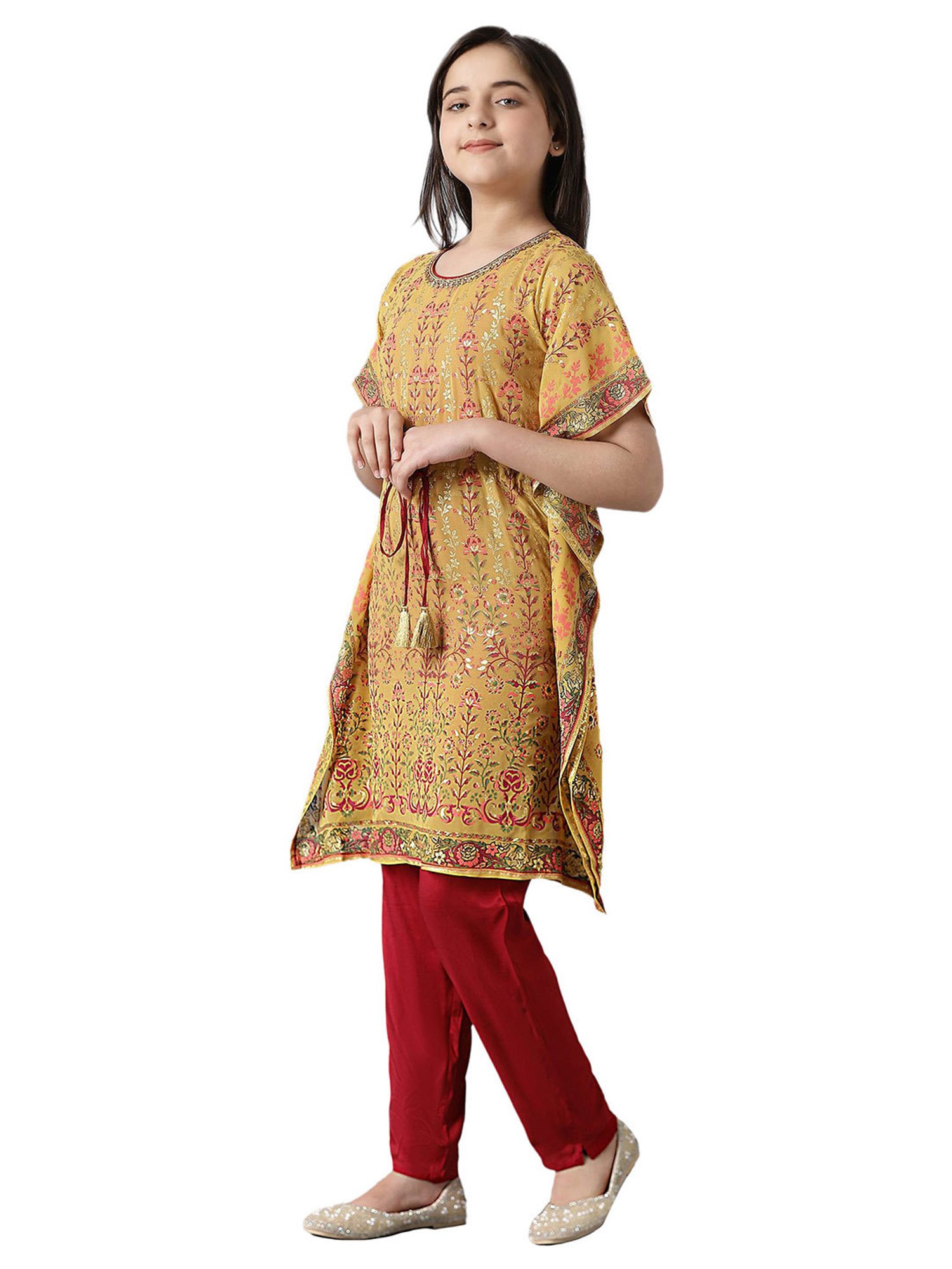 Aurelia Kids Mustard & Red Floral Print Kaftan with Inner & Trousers