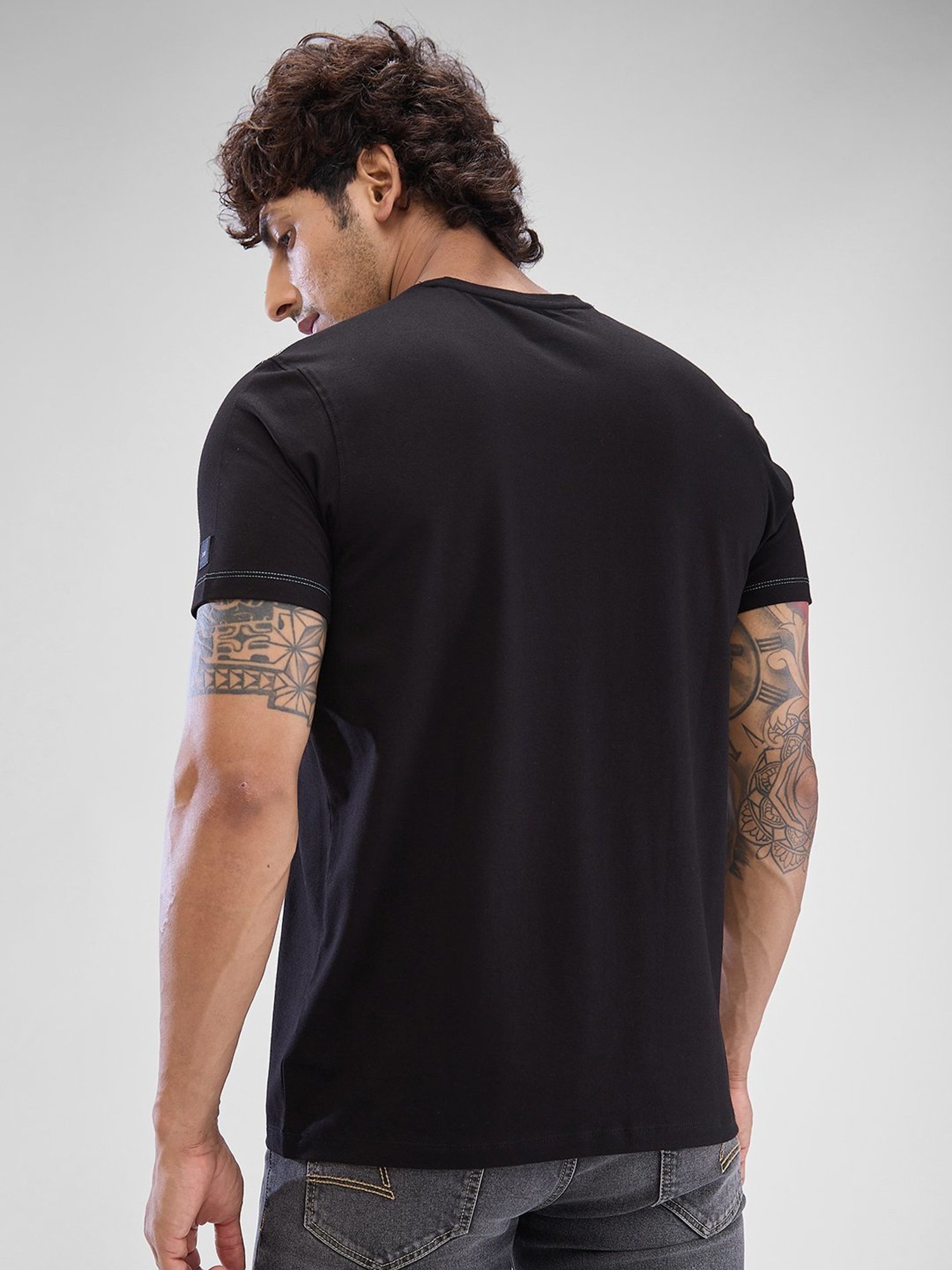 Spykar Black Slim Fit Printed T-Shirt