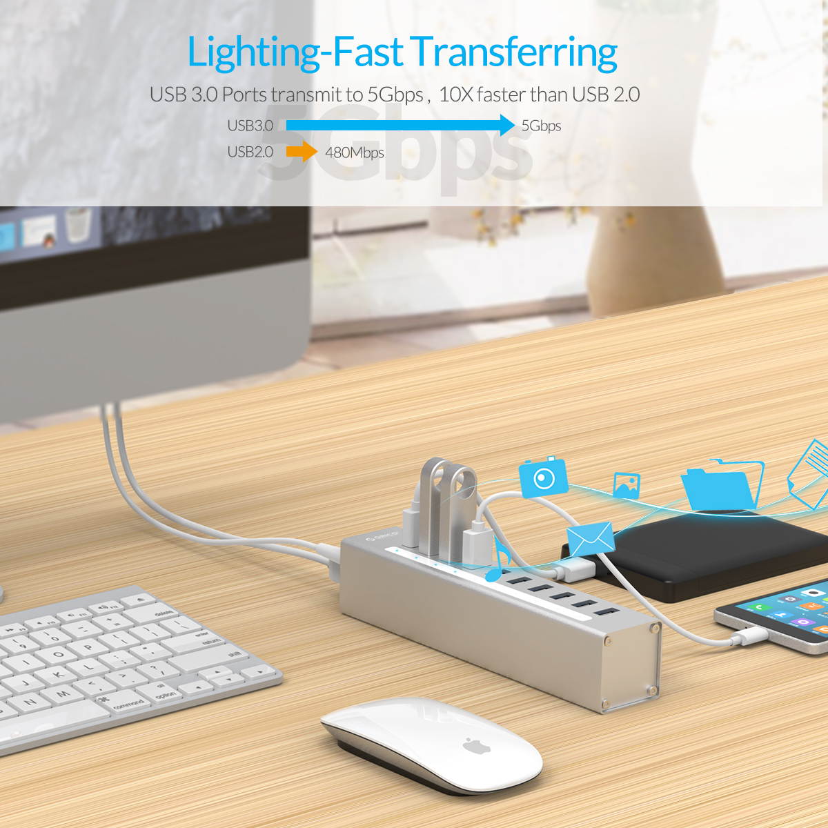 ORICO Aluminum 10Ports USB 3.0 HUB with 3.3Ft. USB 3.0 Data Cable and 12V/3A Power Supply for Macbook,PC,Laptops (HUB is not a Charger,Data transfer Only)- Silver (A3H10-V1-US)