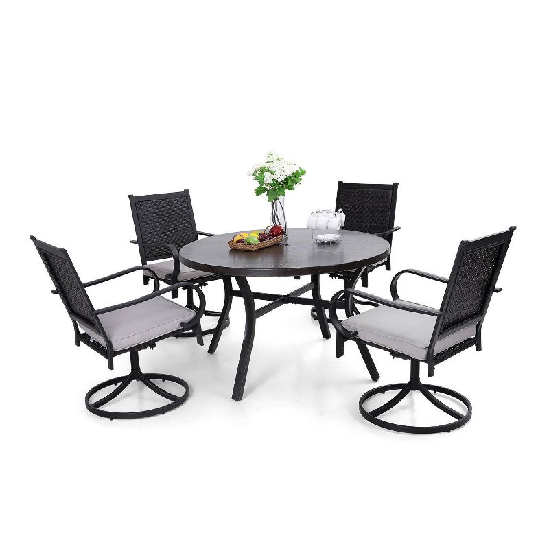 5pc Patio Dining Set with 360 Swivel Chairs with Cushions and Round Steel & Faux Wood Tabletop - Captiva Designs