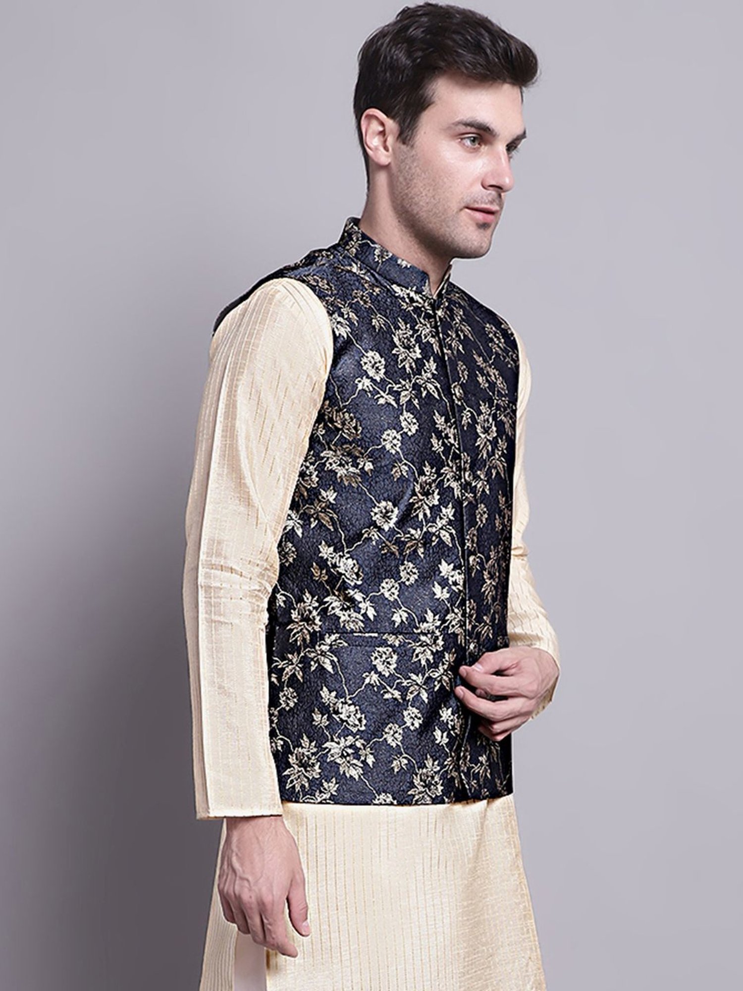 Jompers Dark Grey Regular Fit Printed Nehru Jacket